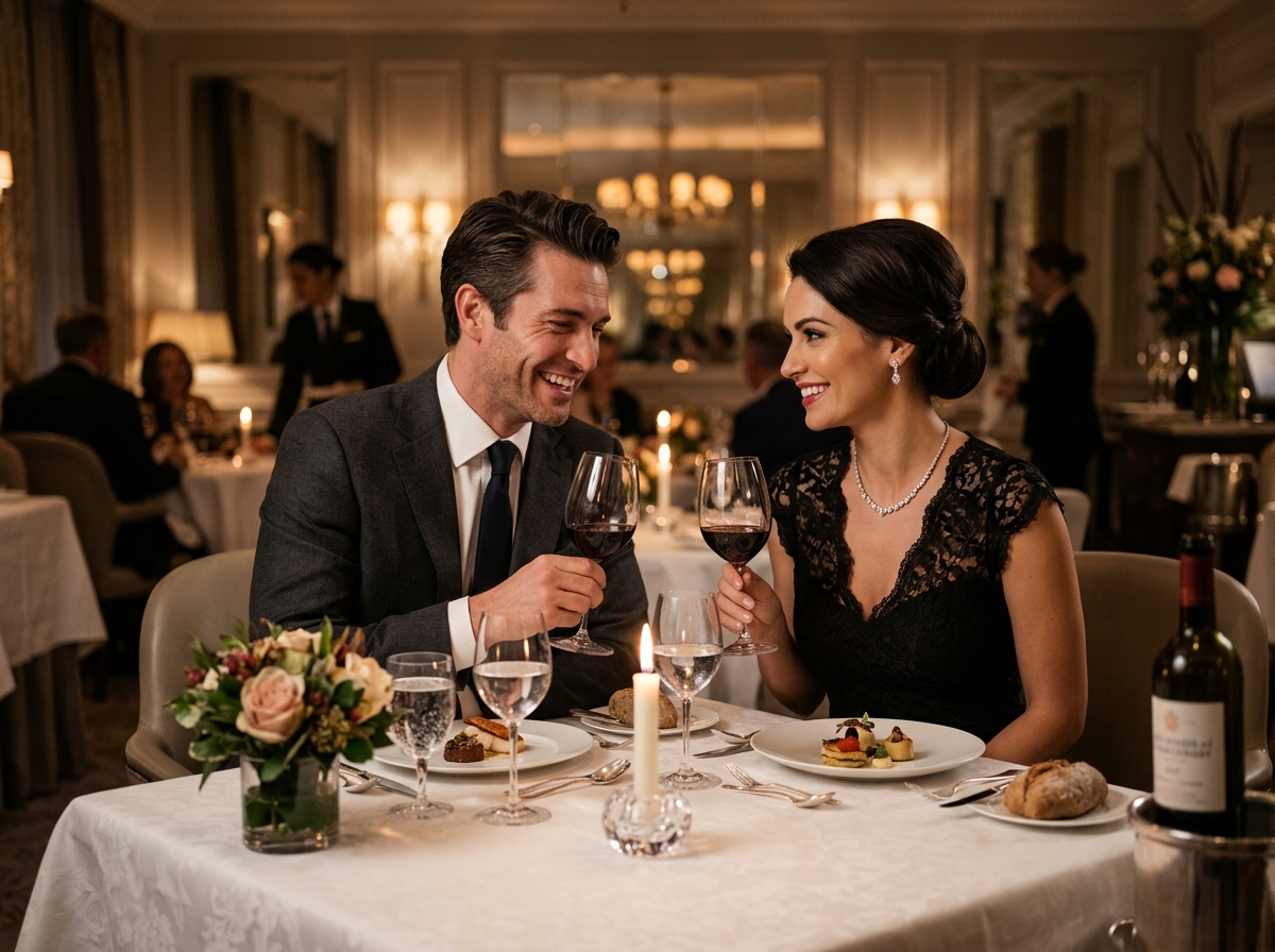 Refined UK couple enjoying an elegant evening dinner in London
