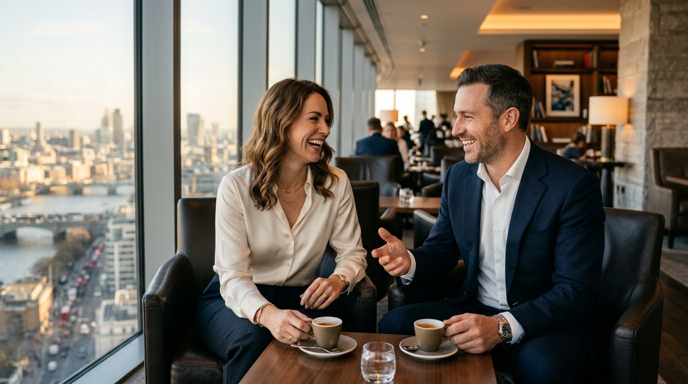 Accomplished executive couple in London discussing career and romance