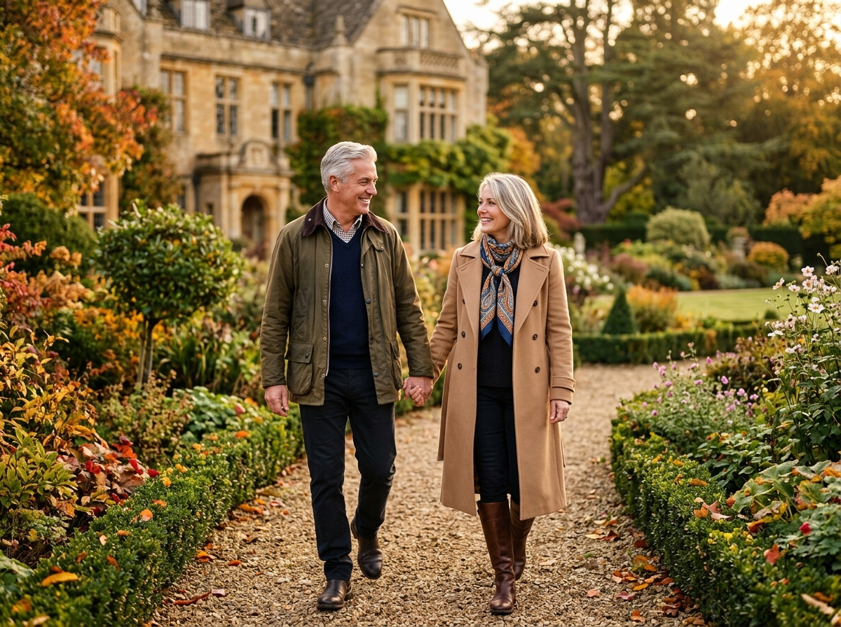Refined mature couple walking together through a historic UK estate